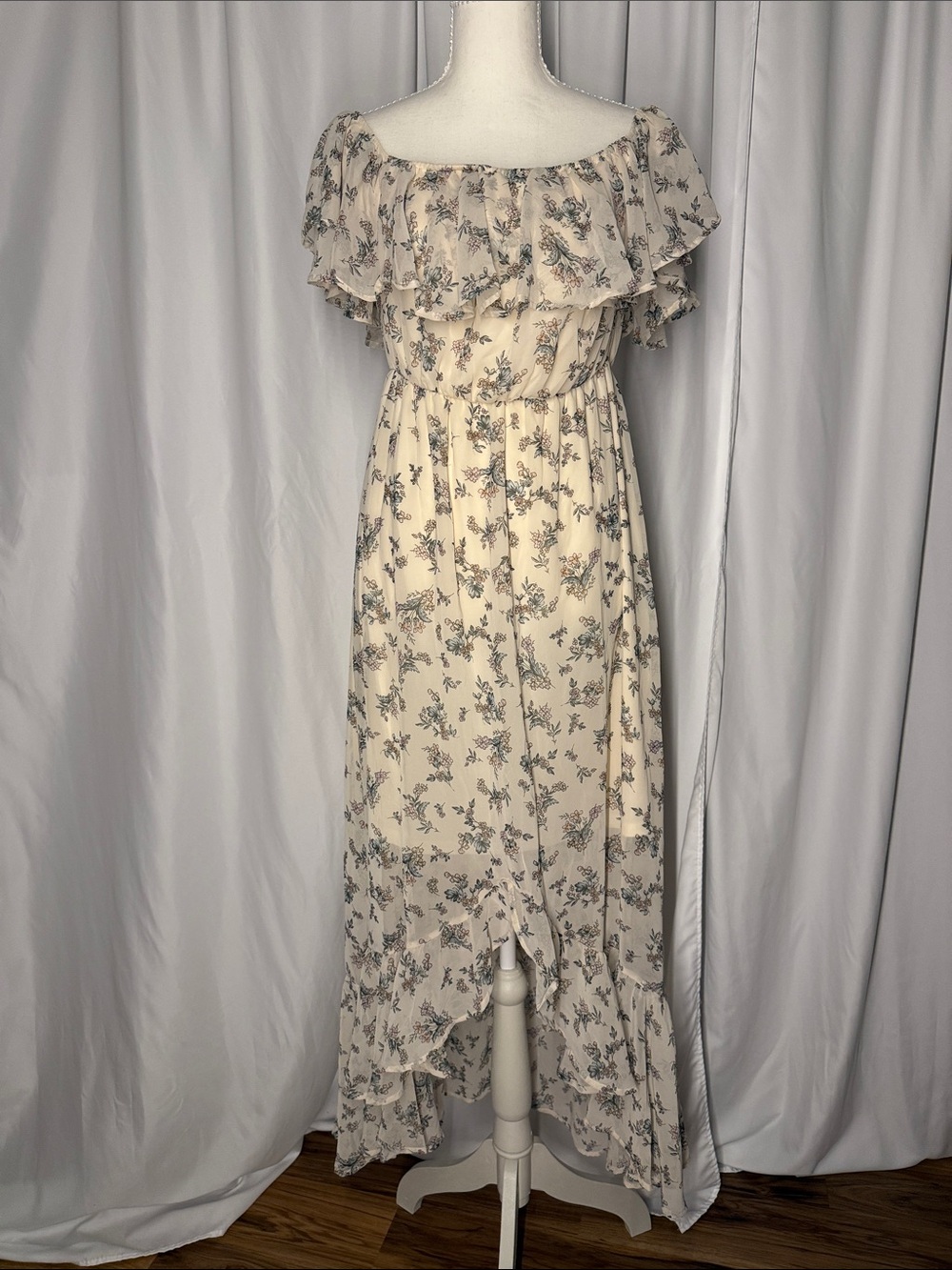 Pinkblush Cream Floral Ruffle High-Low Maxi Dress